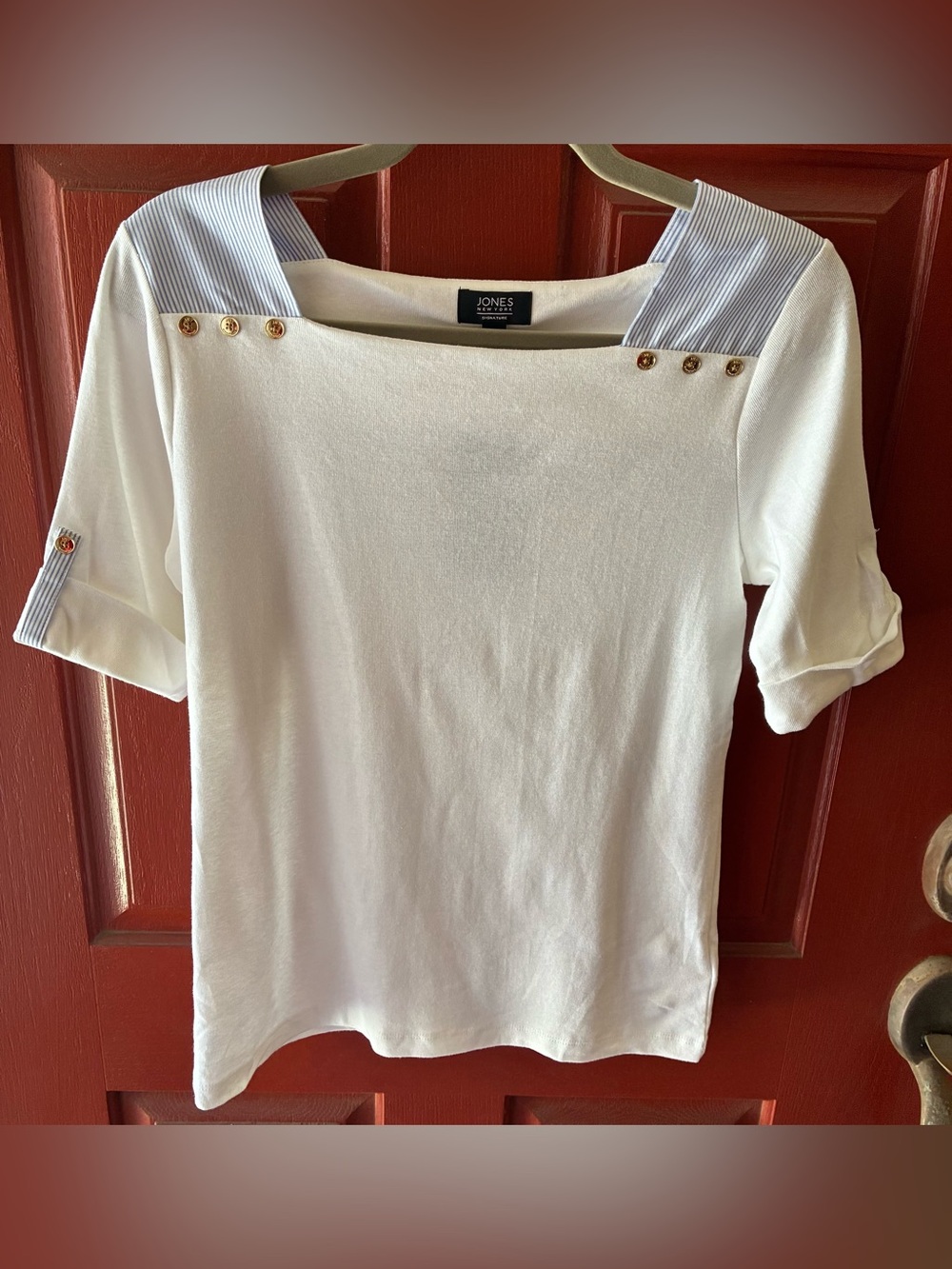 Jones New York Signature Nautical Strip Trim Cotton Top White Petite Medium PM